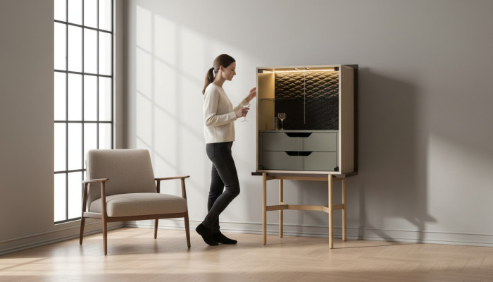 Barschrank Schrank Vitrine Bar Holz Wohnzimmer Modern Beige Luxus