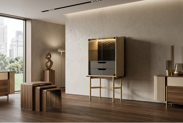 Barschrank Schrank Vitrine Bar Holz Wohnzimmer Modern Beige Luxus