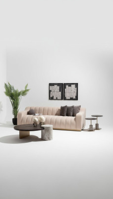 Garnitur Wohnzimmer Dreisitzer Couchtische 4tlg Stoffsofa Beige Holz