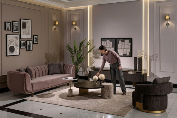 Wohnzimmer Garnitur Sofa Sessel Braun Stoff Couchtische Set 5tlg RTV