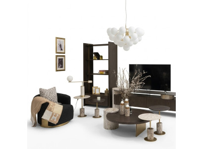 Großes Komplette Wohnzimmer Sessel Tische 7tlg Stoff Braun Holz Regale