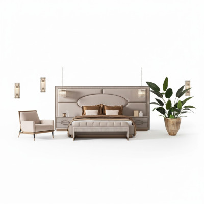 Luxus Schlafzimmer Garnitur Doppelbett Nachttische Set 5tlg Beige Sitz