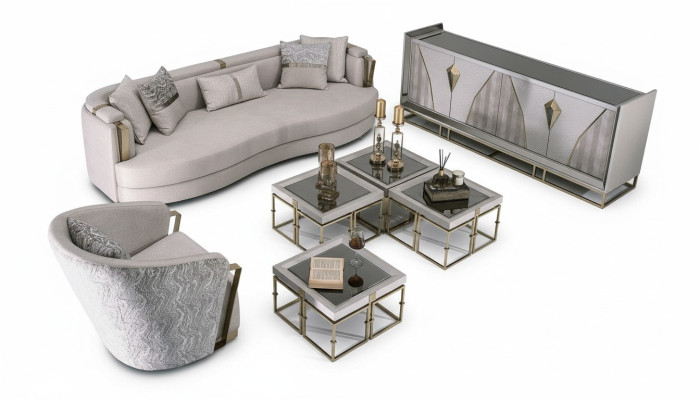 Luxus Garnitur Stoffsofa Sessel Wohnzimmer Couchtische Set 7tlg Grau