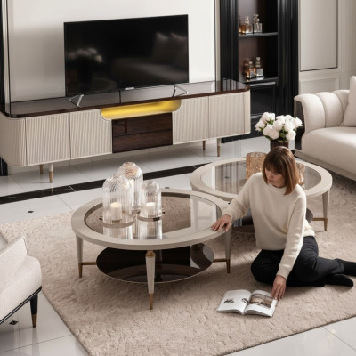 Gruppe Couchtische Beistelltische Set 2tlg Kaffeetische Beige Holz