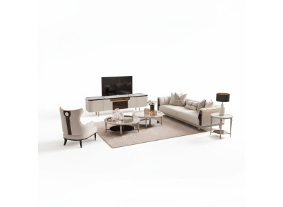 Wohnzimmer Gruppe Dreisitzer Sessel Stoffsofa 6tlg Beige Couchtische