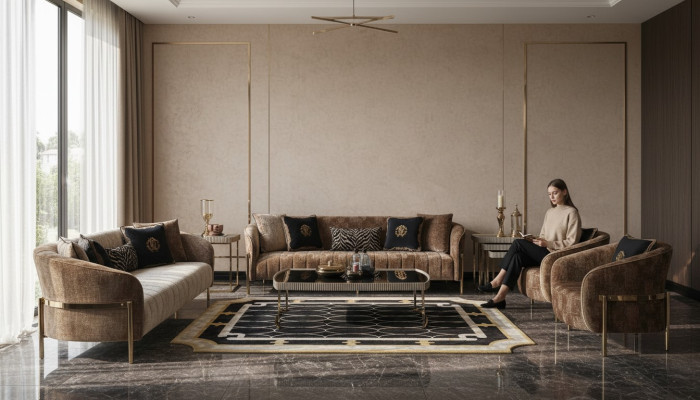 Wohnzimmer Sofagarnitur Dreisitzer Sessel Beige Stoffsofa Couchtisch