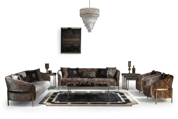 Wohnzimmer Sofagarnitur Dreisitzer Sessel Beige Stoffsofa Couchtisch
