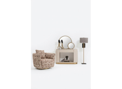Garnitur Wohnzimmer Sessel Kommode Spiegel Beige Stoff Holz Relax 3tlg