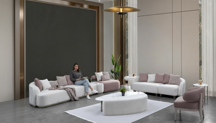 Sofagarnitur Große Sofa Polstersofa Stoffsofa Rosa Dreisitzer Set 4tlg