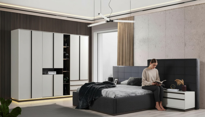 Garnitur Doppelbett Schlafzimmer Bett Nachttische 4tlg Grau Schranke