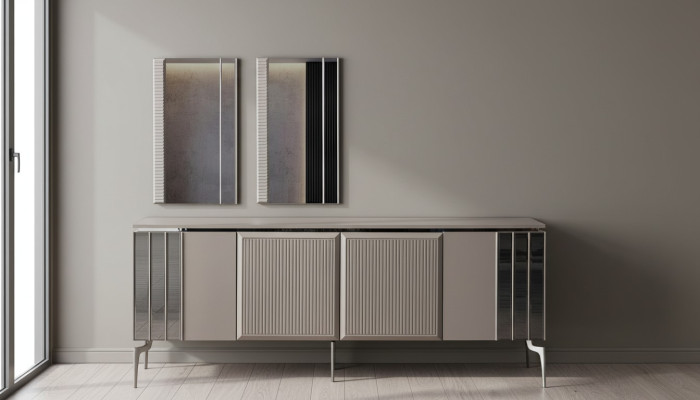 Garnitur Sideboard mit Spiegel Schrank Anrichte Grau Kommode Holz