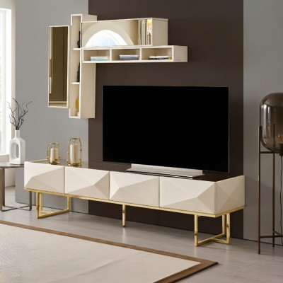 Sideboard RTV Lowboard Wohnwand TV Ständer Schrank Holz Beige Regale