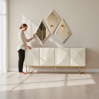 Garnitur Sideboard mit Spiegel Schrank Anrichte Beige Kommode Holz Set