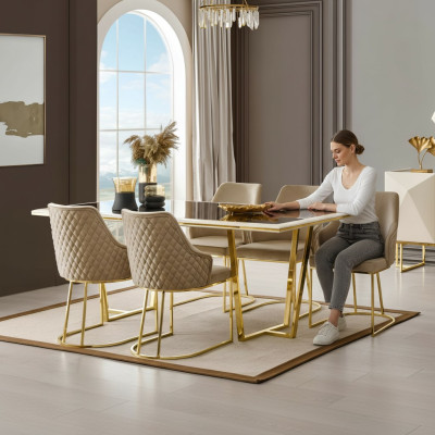 Moderne Essgruppe Luxus Essecke Esstisch Esstisch Stühle 7tlg Beige Gold Set