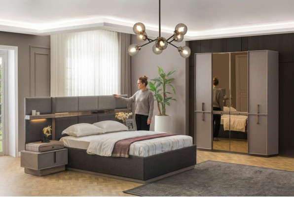 Doppelbett Komplette Schlafzimmer Bett 4tlg Grau Nachttische Schrank