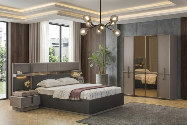 Doppelbett Komplette Schlafzimmer Bett 4tlg Grau Nachttische Schrank