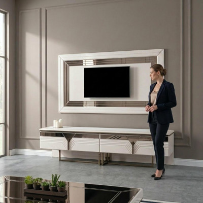 Wohnwand TV Ständer Wandpanel RTV Lowboard Weiß Holz Sideboard Moderne