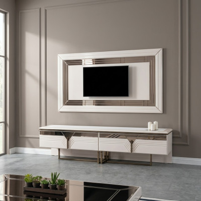 Wohnwand TV Ständer Wandpanel RTV Lowboard Weiß Holz Sideboard Moderne