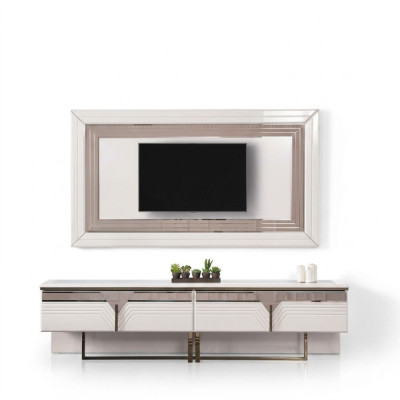 Wohnwand TV Ständer Wandpanel RTV Lowboard Weiß Holz Sideboard Moderne