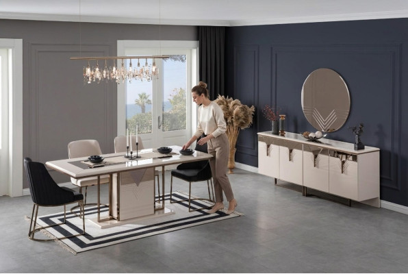 Garnitur Essgruppe Esszimmer Esstisch Stühle 9tlg Luxus Weiß Anrichte