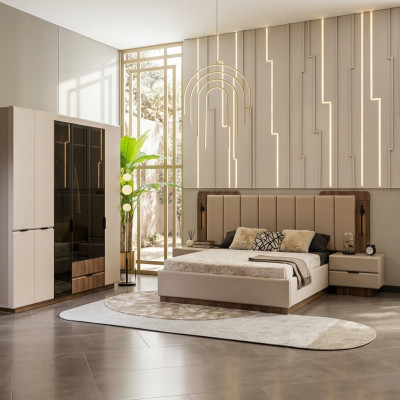 Luxus Doppelbett Garnitur Schlafzimmer Nachttische 4tlg Beige Schrank