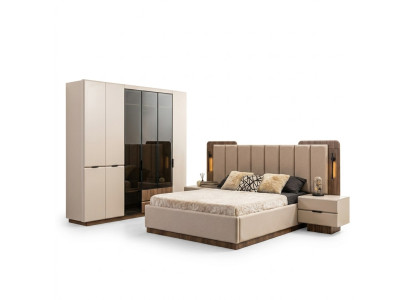 Luxus Doppelbett Garnitur Schlafzimmer Nachttische 4tlg Beige Schrank
