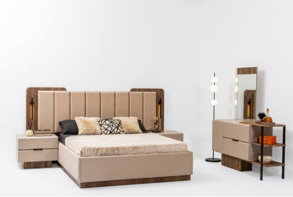 Schlafzimmer Garnitur Doppelbett Nachttische Beige Stoff 4tlg Schmink