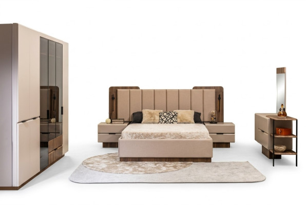 Doppelbett Garnitur Nachttische Beige Stoff 5tlg Schmink Schrank Bett