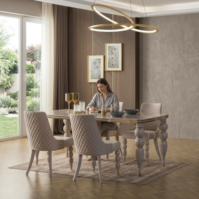 Dunkel-Beige Essgruppe Designer Holz Esstisch x6 Stühle 7tlg Luxus Set