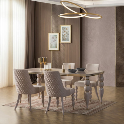 Dunkel-Beige Essgruppe Designer Holz Esstisch x6 Stühle 7tlg Luxus Set