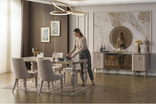 Beige Essgruppe Designer Esszimmer Möbel Esstisch Stühle Sideboard 9tlg