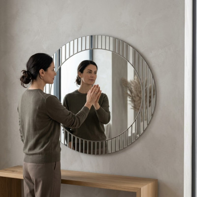 Grauer Rundspiegel Designer Flurspiegel Moderner Dekospiegel Luxus Möbel