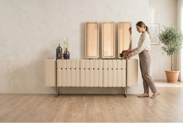 Modernes Beiges Sideboard Luxuriöse Anrichte Exklusive x3 Spiegel 4tlg