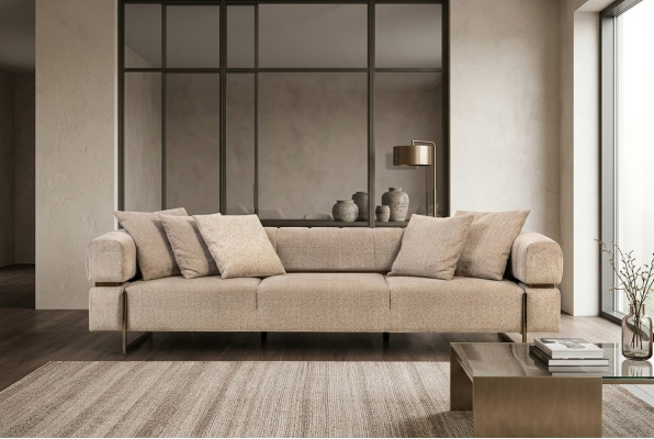 Beiger Viersitzer Designer Stoffsofa Polstersofas Wohnzimmer Couchen