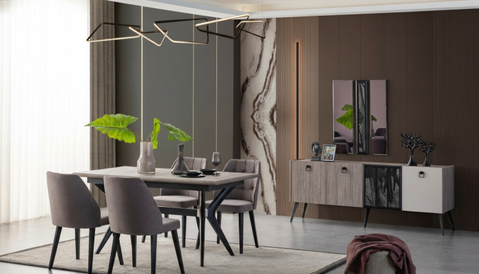 Essgruppe Essecke Esstisch Stühle Holz Grau Esszimmer 9tlg Anrichte