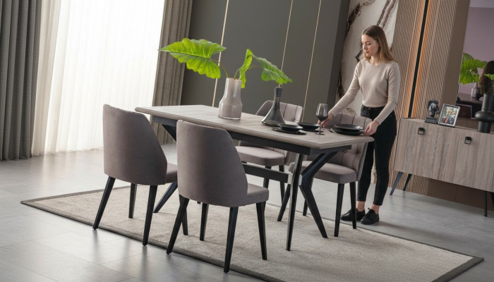 Essecke Garnitur Esszimmer Essgruppe Esstisch Stühle Holz Grau 7tlg