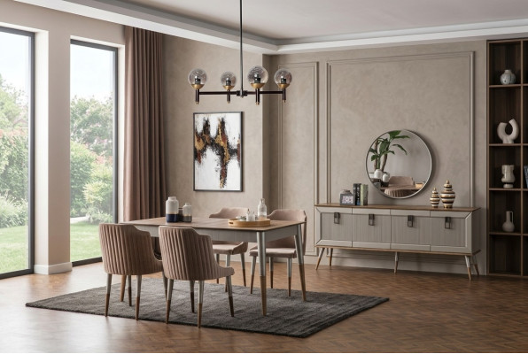  Beige Esszimmer Garnitur Rechteckiger Holz Tisch 6x Polsterstühle 7tlg