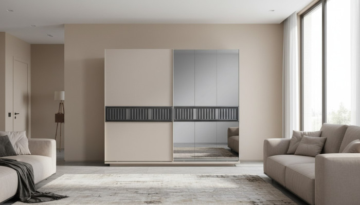  Moderner Beiger Schlafzimmer Kleiderschrank Spiegelschrank Holz Möbel