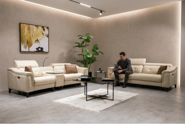 Beige Leder Sofagarnitur Designer 3-Sitzer Zweisitzer Couch 2tlg Set