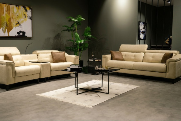 Beige Leder Sofagarnitur Designer 3-Sitzer Zweisitzer Couch 2tlg Set