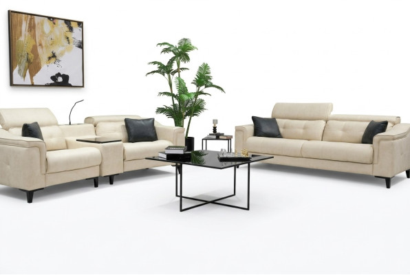 Beige Leder Sofagarnitur Designer 3-Sitzer Zweisitzer Couch 2tlg Set