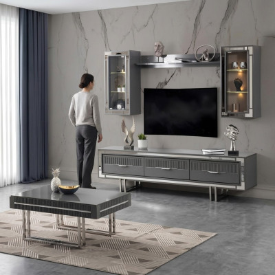 Wohnwand TV Ständer Schranke Couchtisch RTV Lowboard Grau Set 3tlg