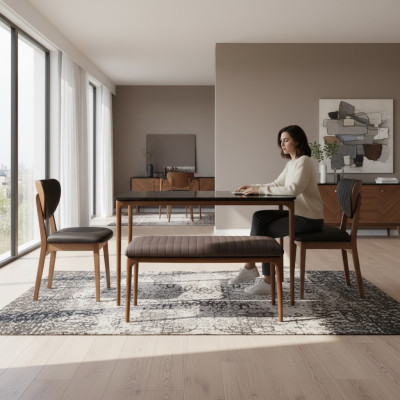Essecke Essgruppe Esszimmer Esstisch Stühle 6tlg Braun Bank Stoff Holz