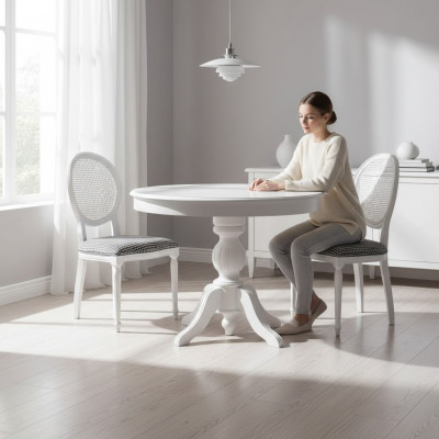 Luxus Essgruppe Esszimmer Runder Esstisch Stühle 3tlg Weiß Stoff Holz
