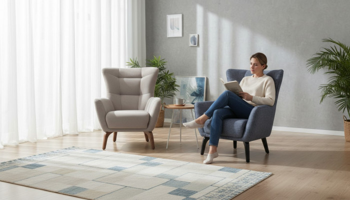 Wohnzimmer Einsitzer Sessel Ohrensessel Stoffsessel Grau Polster Sitz