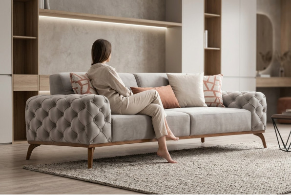 Couch Polstersofa Dreisitzer Sofa 3 Sitzer Stoffsofa Grau Moderne
