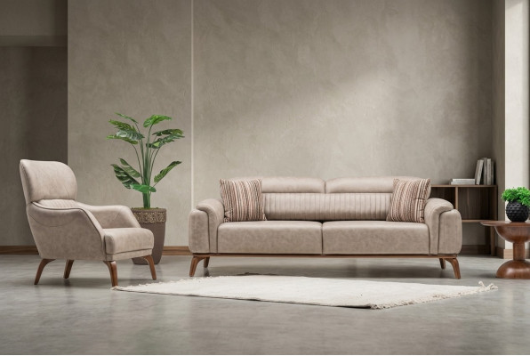 Komplette Beige Kunstleder Sofas Designer Leder Dreisitzer Einzel Sessel