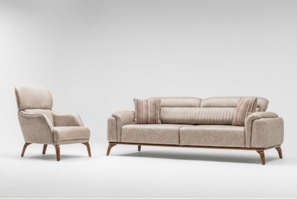 Komplette Beige Kunstleder Sofas Designer Leder Dreisitzer Einzel Sessel