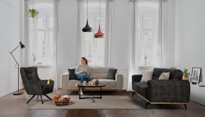 Schwarz-Graue Sofagarnitur Luxuriöse Stoffsessel Moderne Wohnzimmer Möbel