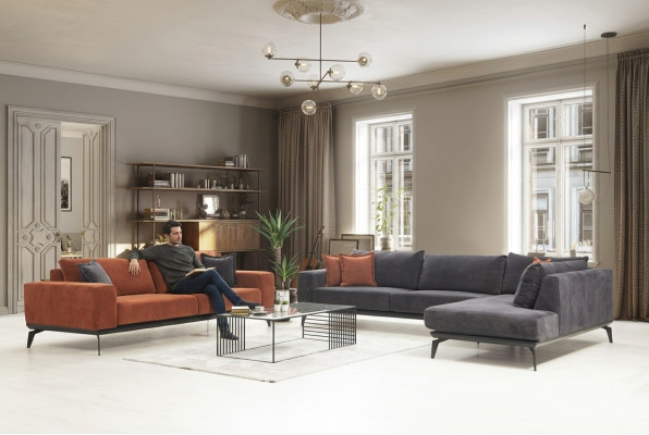 Graues Polster Ecksofa Designer Dreisitzer Stoffcouchen Wohnzimmer Set